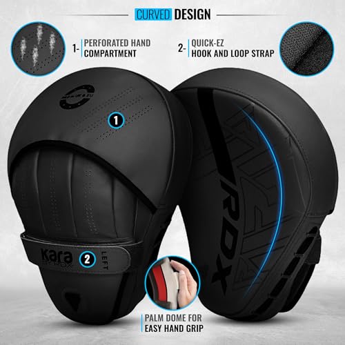 RDX Kids Boxing Pads and Gloves Set, Maya Hide Leather Kara Junior Hook and Jab Curved Focus Mitts Punching Gloves for MMA - color: BLACK