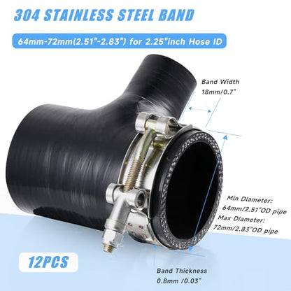 12Pack 2.25" T Bolt Hose Clamps - 304 Stainless Steel Turbo Intake Clamp for Turbo Tubes, Intercooler Pipes, Heavy Duty Radiator Hose Clamps Adjustable Range 64mm-72mm for 2.25" Hose ID - size: 2.50 - 2.83 inches, style: 12pcs t bolt hose clamp
