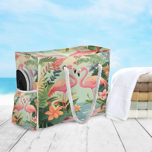 senya Large Beach Bags Totes Canvas Tote Shoulder Bag Soft Wave Water Resistant Bags for Gym Travel Daily Ocean - color: Pink Flamingo