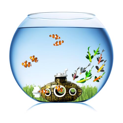 Fish Tank Decorations, Aquarium Decor Thematic Ornaments, Cute Little Diver Aquarium Decoration Cartoon Fish Playmate with Submarine - Floating Aquarium Decorations (Submarine Gold) - color: Submarine Gold