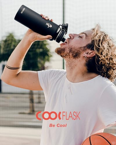 Coolflask 40 oz Water Bottle Insulated with Straw & 3 Leakproof Lids - color: Magic Black, size: 40 Ounces