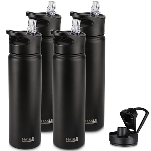 HASLE OUTFITTERS Insulated Water Bottle 22 oz Double Wall Stainless Steel Water Bottle Wide Mouth with Straw Lid & Spout Lid Keeps Cold or Hot(Black,4) - color: Black, size: 22oz- 4 Pack