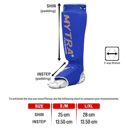 Mytra Fusion Shin Pads Instep Protector Kick Boxing Muay Thai Training Elasticated shin Guards - color: Blue, size: Small-Medium