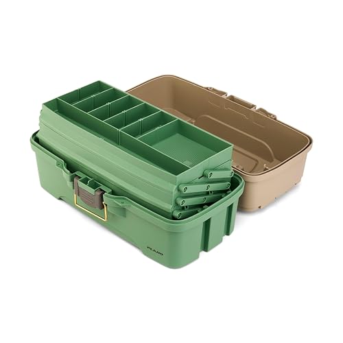 Plano Three-Tray Tackle Box Catfish Kit, Green/Tan, Rust-Proof Brass Latch, Top-Access Tray Compartments with Deep Storage, Made in the USA, Portable Fishing Gear Storage Organizer - style: Catfish