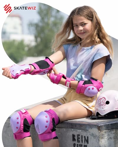 SKATEWIZ Skateboard Pads Protective Gear Set for Kids and Adults - Smash - Roller Skate Pads [6pc] with Wrist Guards - Skating Protective Gear - Roller Derby - color: Pink Purple, size: M/L - Kids/Teens