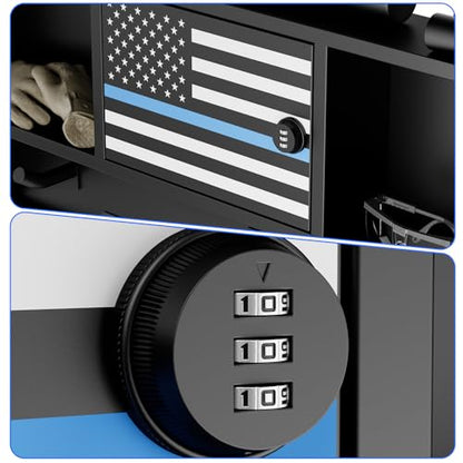 Police Gear Rack - Police Hanger with Hooks, Black Tactical Duty Gear Rack with Thin Blue Line Flag, Lock Safe, Vest Hanger & Belt Hook, Wall Mounted Body Armor Stand Organizer Rack