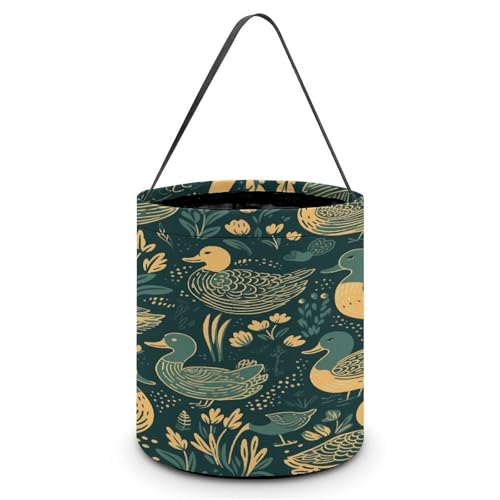 Halloween Trick Or Treat Bags With Handles Collapsible Candy Bucket Reusable Duck Pattern Green Printed Goody Bucket For Holiday Party Gifts - color: Duck Pattern Green