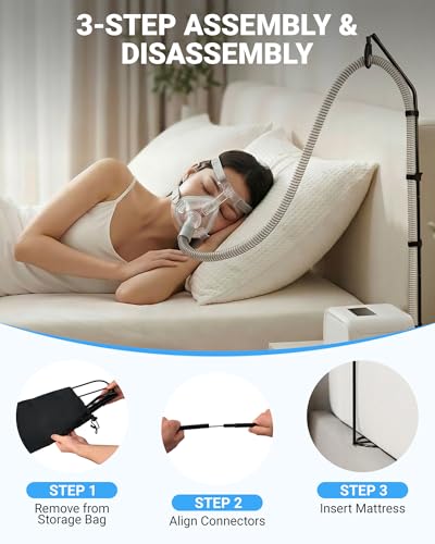 Elviros CPAP Hose Holder for Bed, Adjustable Swivel Arm with Elastic Buffer, Under Mattress Tube Stand, Foldable Compact Design CPAP Hose Hanger with Storage Bag, Black