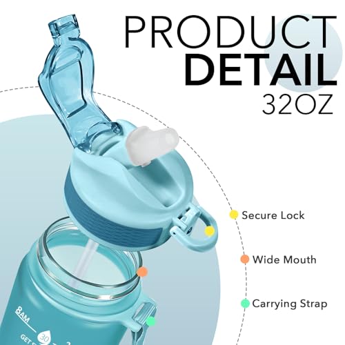 Hyeta Plastic Water Bottle With Straw & Time Marker, 32oz Leakproof Jug - color: Blue-Blue Ombré