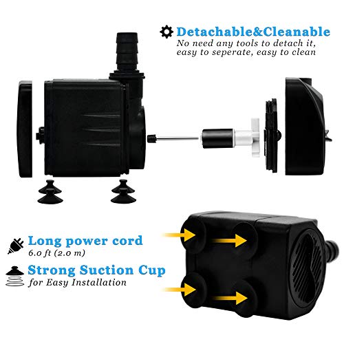 160GPH Small Fountain Pump, Ultra Quiet Submersible Water Pump (600L/H, 10Watt) with 3.3 ft Tubing for Aquariums, Pond Fountain, Water Feature, Indoor Fountains