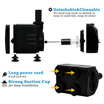 160GPH Small Fountain Pump, Ultra Quiet Submersible Water Pump (600L/H, 10Watt) with 3.3 ft Tubing for Aquariums, Pond Fountain, Water Feature, Indoor Fountains