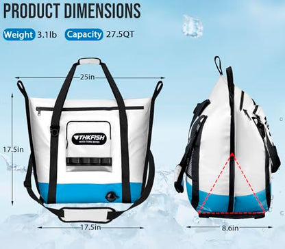 THKFISH Insulated Fish Cooler Bag, 25x17.5in Portable Soft Cooler Bag for Caught Fish, Travel, Beach, Camping, Picnic, Lunch, Fishing, 24HR Cold Retention(White-Blue)