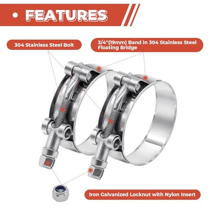 12 Pack 1.75 inch T-Bolt Hose Clamps, Stainless Steel_304 Working Range 51mm-59mm for 1.75" Hose ID, Turbo Intake Intercooler Clamp for Automotive - size: 2.00" - 2.32"(51mm - 59mm), style: 12 Pack