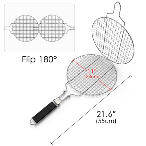 Linkidea Round Portable BBQ Grill Basket, Stainless Steel Fish Grill Rack with Removable Secure Locking Handle, Grill Accessories for Outdoor Grill Vegetables Fishes Shrimp