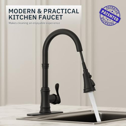 BWE Black Kitchen Faucet with Pull Down Sprayer, Solid Brass High Arc Single Handle Sink Faucet for Farmhouse Kitchen, 3 Spray Modes