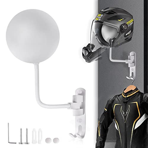 Kikerike Motorcycle Helmet Rack Wall Mount 180 Degree Rotation Metal Armet Holder Bicycle Burgonet Display Hanger Stand with 2 Hooks for Bike Baseball Rugby Helmet - White, 1 Pcs - color: White(1PCS)