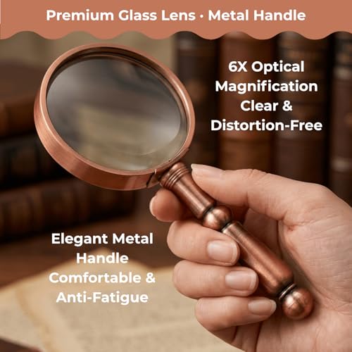 2 Pcs 6X Antique Magnifying Glass for Reading, Handheld Magnifier with Metal Handle, Portable Magnifying Lens for Books and Newspaper, Science Class, Observation