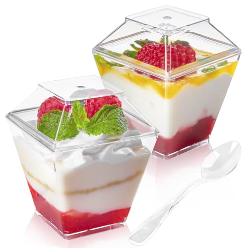 50 Pack 3.5 oz Mini Dessert Cups with Lids and Spoons - Parfait Cups with Lids Plastic Square Shooter Cups for Party Appetizers Pudding Mousse Triffle