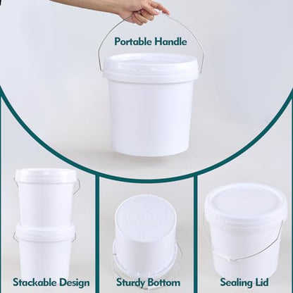 Anbers 4 Gallon Plastic Bucket with Sealed Lid, Round Food Storage Bucket Pail, White, 4-Pack
