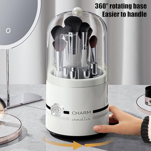 Plastic Makeup Brush Storage Organizer with Multiple Sections – Portable Rotating Cosmetic Brush Holder for Bathroom and Dressing Area,Flower Pattern - style: Flower Pattern
