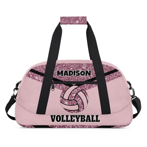 Personalized Volleyball Bag Teens, Light Pink Glittering | Custom Gym Bag Name Overnight Duffel Bag for Practice Sports Bag - color: Dark Pink