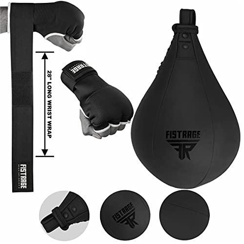 FISTRAGE Speed Ball Boxing Hand Wraps MMA Muay Thai Training Punching Dodge Striking Bag Leather Kit Hanging Swivel Workout Speedball Kicking with Mitt (Black) - color: Black, size: Large-X-Large