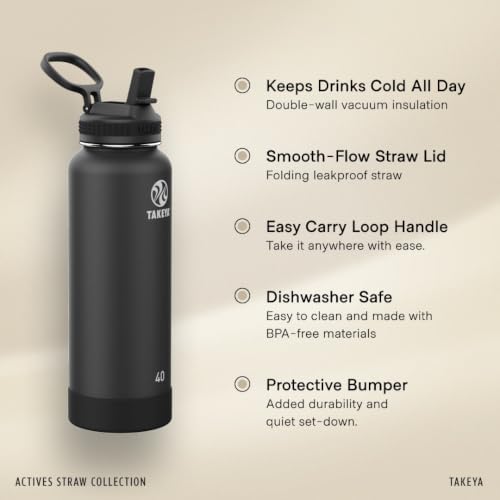 Takeya 64 oz Actives Stainless Steel Water Bottle with Straw Lid – Leakproof, Double-Wall Insulated, Keeps Drinks Cold 24 hrs/Hot 12 hrs, BPA-Free, Powder-Coated, Gym & Travel, Onyx - color: Onyx, size: 64 Ounces