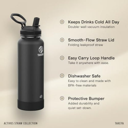 Takeya 64 oz Actives Stainless Steel Water Bottle with Straw Lid – Leakproof, Double-Wall Insulated, Keeps Drinks Cold 24 hrs/Hot 12 hrs, BPA-Free, Powder-Coated, Gym & Travel, Onyx - color: Onyx, size: 64 Ounces