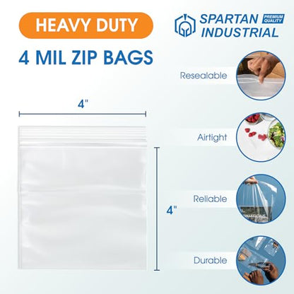 Spartan Industrial - 4" X 4" Clear Zip Bags (1000 Count) Heavy Duty 4 Mil Plastic Bags With Resealable Zipper to Bag Bolts, Seeds, and Small Parts - size: 4" x 4"