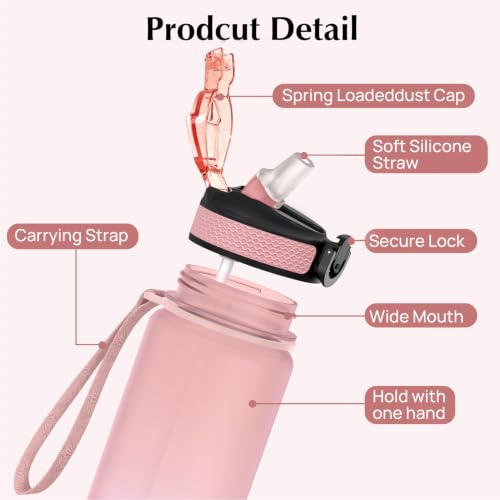 EYQ 32oz Water Bottle with Straw, Time Marker, Blue Purple - color: 9.Rose Pink