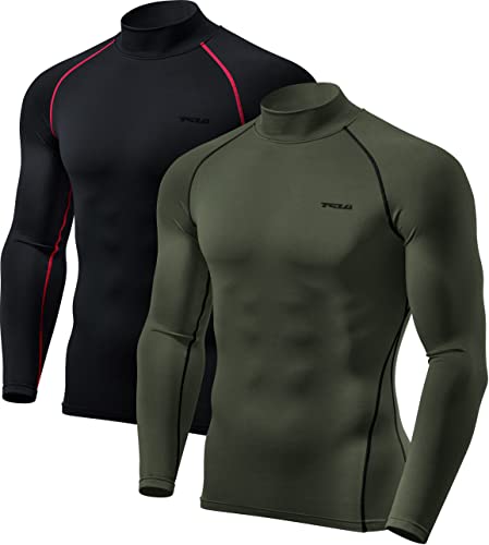 TSLA Men's Thermal Long Sleeve Compression Shirts, Mock/Turtleneck Winter Sports Running Base Layer Top - color: 2pack Black&red/Olive, size: X-Small