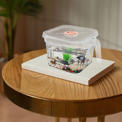 Happyyami Transparent Tank with Lid and Handle Shatterproof Small Aquarium for Desktop for Betta and Easy to Clean and Maintain