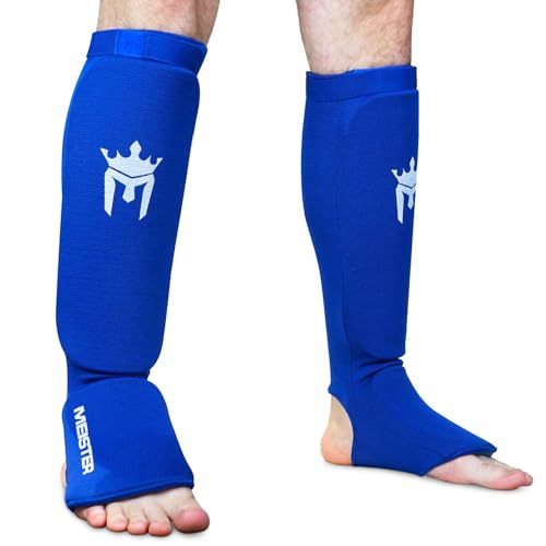 Meister MMA Elastic Cloth Shin & Instep Padded Guards (Pair) - color: Blue, size: Large-X-Large