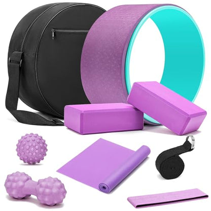All in One Yoga Wheel Set, Soft Foam Roller Wheel for Back Pain & Stretching, Yoga Blocks 2 Pack with Strap, Trigger Point Therapy Massage Ball for Deep Tissue, Yoga Starter Kit for Beginner - color: C1, Purple