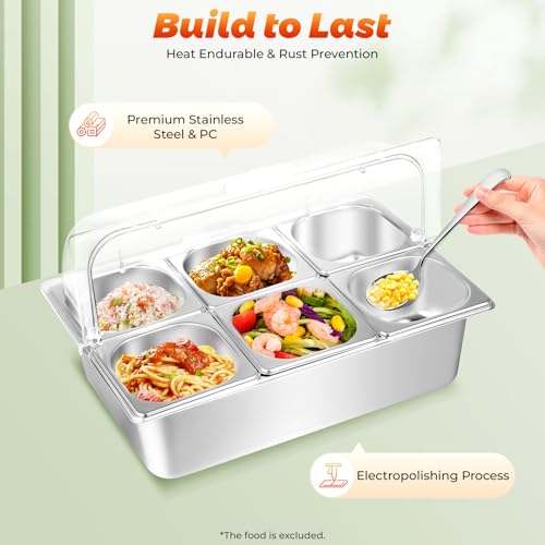 Countertop Ice Food Serving Display Tray, Buffet Cold Serving Cooler Platter with 90°Clear Roll Top Cover, 6 Pan Stainless Steel Food Serving Tray,Rubber Stoppers, Dual Use for Hot&Cold, Silvery