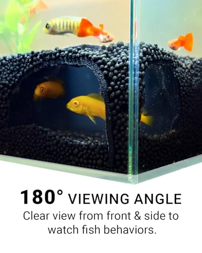 Aquarium Cave – Rock Texture Fish Shelter with 180° Viewing Angle, Betta Fish Tank Accessories, Shrimp & Snails – Aquarium Decor & Tunnel (Black)
