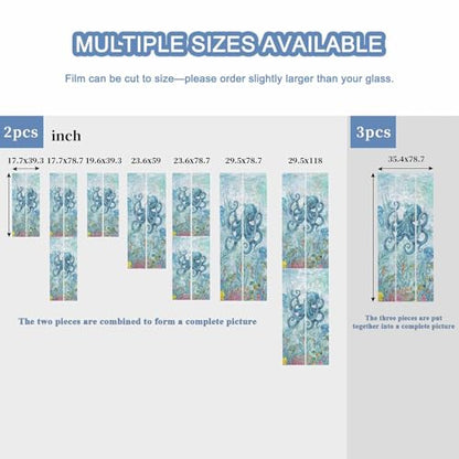 Underwater Life Octopus Coral Window Privacy Film,Heat Control Sun Blocking Static Cling Rainbow Film,Ocean Seaweed Fish Seahorse Non-Adhesive Glass Sticker Door Window Tint,17.7" x 78.7"