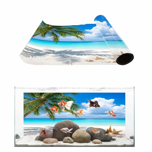 Summer Beach Aquarium Background 24x48 Inch Self-Adhesive Fish Tank Decorations, Tropical Coastal Palm Tree Starfish Conch Decorative Fish Tank Background Polyester Aquarium Decor Poster - size: 24x48in