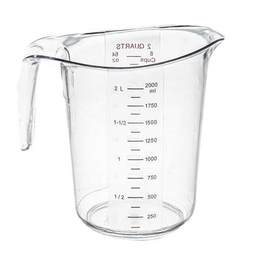 Restaurantware RW Base 2 Quart Measuring Jar 1 Durable Measuring Beaker - Metric And Imperial Units V-Shaped Spout Clear Plastic Measuring Cup Handle With Thumb-Grip Tolerates Up To 248F - color: Clear, size: 7.75" × 6.00" × 7.50"
