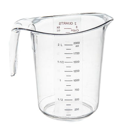 Restaurantware RW Base 2 Quart Measuring Jar 1 Durable Measuring Beaker - Metric And Imperial Units V-Shaped Spout Clear Plastic Measuring Cup Handle With Thumb-Grip Tolerates Up To 248F - color: Clear, size: 7.75" × 6.00" × 7.50"