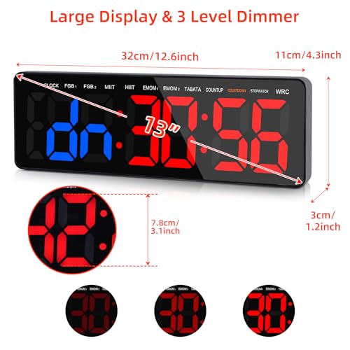 13" Gym Timer Clock, Workout Interval Timer with Remote Control, Count Down & Up Stopwatch, Adjustable Brightness, Large LED Digital Display, Fitness Digital Clock for Home/Garage/Boxing