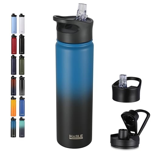 HASLE OUTFITTERS Insulated Water Bottle 22 oz Double Wall Stainless Steel Water Bottle Wide Mouth with Straw Lid & Spout Lid Keeps Cold or Hot(Blue Black Gradient,1) - color: Blue Black Gradient, size: 22 Ounces