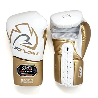 RIVAL Boxing RS100 Professional Lace-Up Sparring Gloves, Handcrafted with Super-Rich Microfiber PU, Ergonomically Designed to Perfectly Fit Your Hand - color: White/Gold, size: 14 oz.