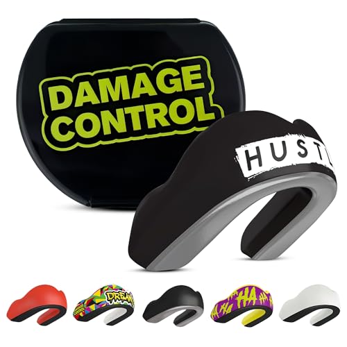 DAMAGE CONTROL Extreme Impact Sports Mouth Guard w/Case – Hustle | Boil & Bite Fit, Shock-Absorbing Pads, Ventilated Case – MMA, Boxing, Hockey, Football, Rugby, Lacrosse & BJJ - color: Hustle Ei, size: Adult