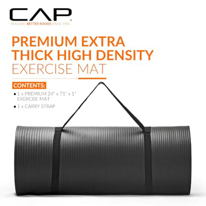 CAP 1" Extra Thick Yoga Mat, Exercise Mat with Strap, Multiple Colors - color: Black