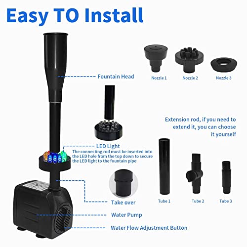 15W 1000L/H Submersible Fountain Water Pump with 12 Colorful LED Lights, Mushroom and Blossom Spray Head for Fountain,Pond,Outdoor Water Feature, Statuary Gardens,Aquarium Fish Tank
