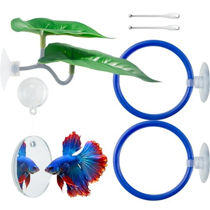 Betta Fish Toy Set,Betta Training Floating Mirror, Training/Feeding Ring, Spoon, and Resting Leaf. Promotes Exercise. Betta Toys, Resting & Feeding Kit