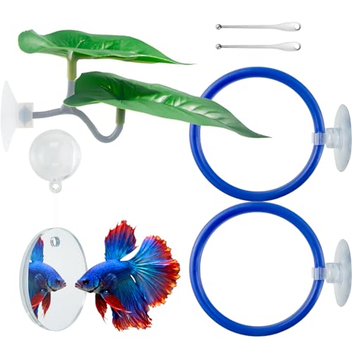 Betta Fish Toy Set,Betta Training Floating Mirror, Training/Feeding Ring, Spoon, and Resting Leaf. Promotes Exercise. Betta Toys, Resting & Feeding Kit