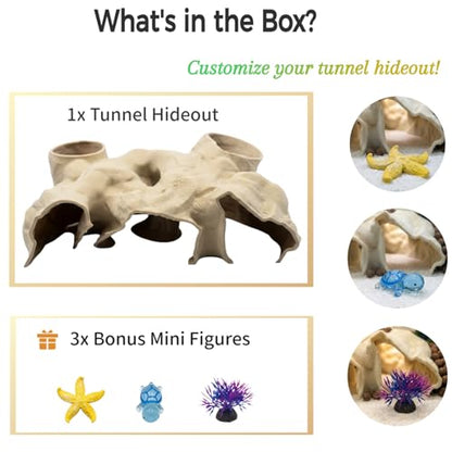 Large Aquarium Tunnel & Cave (9.5" L), 3D Printed Substrate Viewer Fish Hideout with Wide Top Entrances, Tank Decor for Small Fish, Corydoras, Betta & Shrimp- Set with 3 Mini Accessories (Yellow)