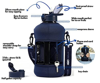 H2O Capsule 2.2L Half Gallon Water Bottle with Storage Sleeve and Covered Straw Lid – BPA Free Large Reusable Drink Container with Handle - Big Sports Jug, 2.2 Liter (74 Ounce) - color: Navy Blue